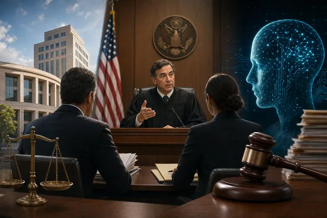 AI-generated conceptual illustration for the Apple–OpenAI trade-secret court dispute; not a photograph of the hearing.