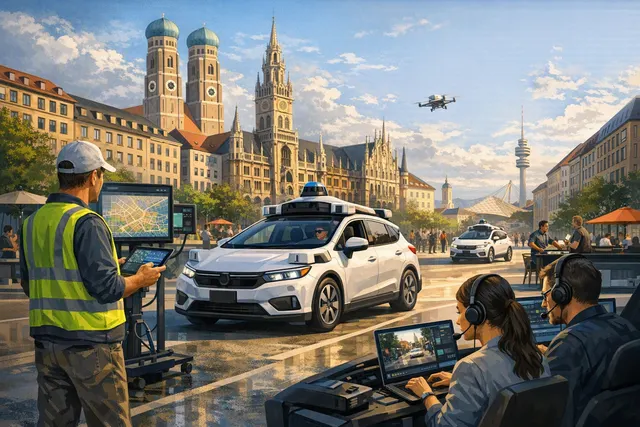 Conceptual illustration of a Waymo robotaxi driving through Munich