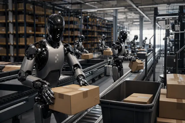 Editorial illustration of humanoid robots sorting packages in a warehouse during a long-duration autonomy test