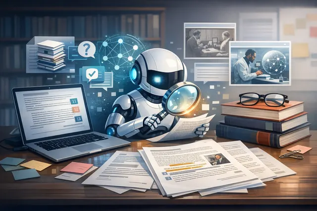 AI tools displayed on a laptop screen next to academic papers and citation graphs