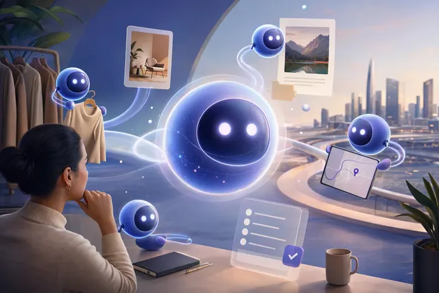 Editorial illustration of an AI agent working across connected apps, representing OpenAI’s Dots announcement