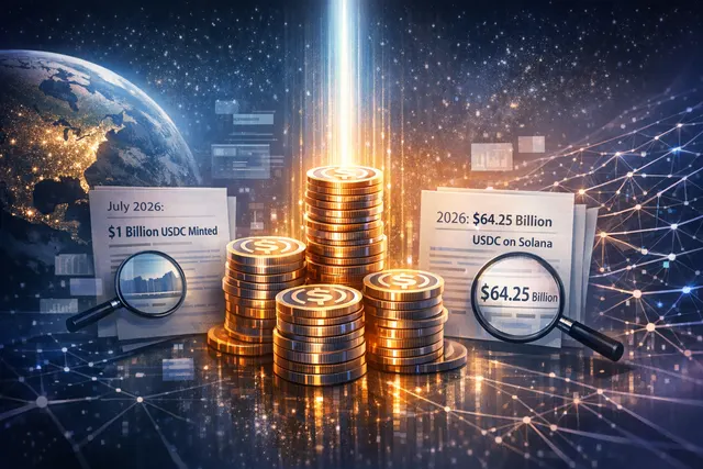 An abstract digital visualization of a USDC coin on a glowing blockchain network, representing stablecoin minting on Solana.