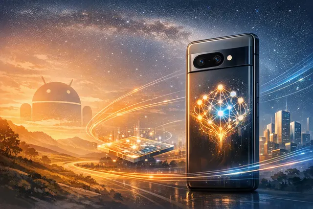Editorial illustration of a Pixel 11-style smartphone with a glowing Gemini-inspired camera ring
