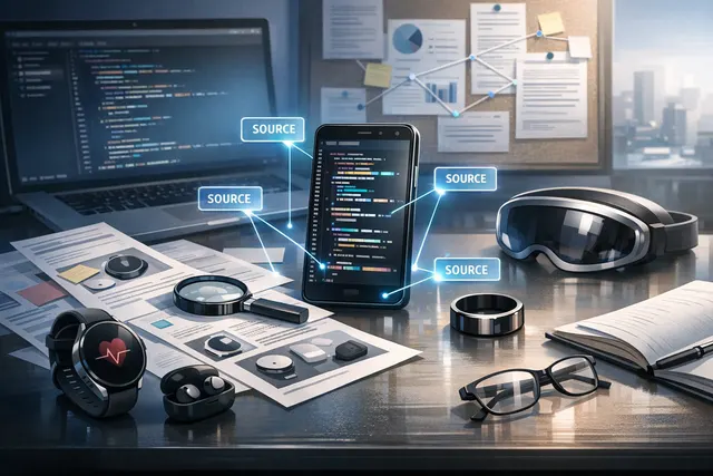 Abstract illustration of a Samsung Galaxy smartwatch alongside clip-on earbuds and health data interface, representing upcoming Galaxy wearables and AI health features.