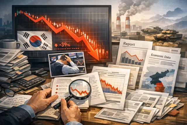 A stock market crash visualization showing a steep downward red graph line with the text KOSPI and a circuit breaker symbol, representing South Korea's market plunge in June 2026.