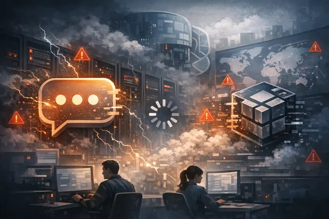 OpenAI service disruption illustration showing a globe with network warning signs and ChatGPT logo in the background.