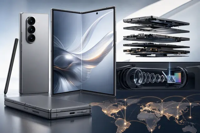 Editorial illustration of Samsung Galaxy Z Fold8 Ultra, Galaxy Z Flip8 and Galaxy Watch Ultra2