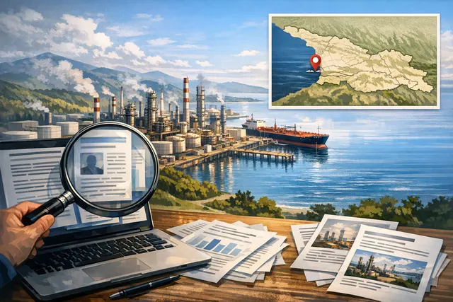Aerial or industrial view of the Kulevi oil refinery and port on the Black Sea coast of Georgia, with oil tankers and storage tanks.