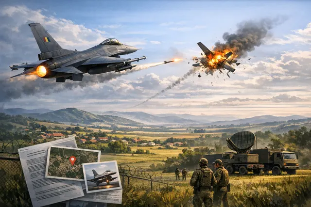 Romanian Air Force F-16 fighter jet in flight over a rural landscape, representing the shootdown of a drone over Romanian territory.