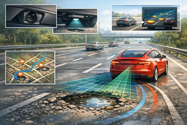 Tesla vehicle using supervised driving to approach a pothole on a city road