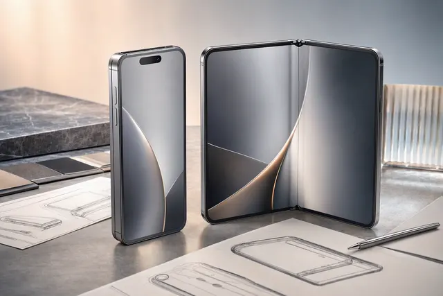 Editorial illustration of Apple’s rumored book-style foldable iPhone Ultra
