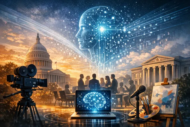 Illustration of a global AI rights coalition uniting entertainment, publishing, and technology sectors