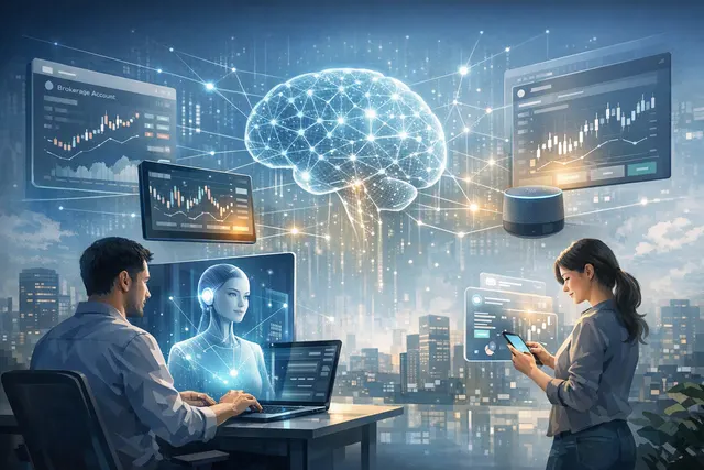Editorial illustration of an AI assistant connecting to a brokerage portfolio for Scalable Capital Agentic Investing