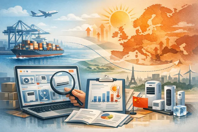 A map of Europe with heatwave temperature overlays, shipping containers on a dock, and an illustration of a portable air conditioner, representing the surge in Chinese cooling prod