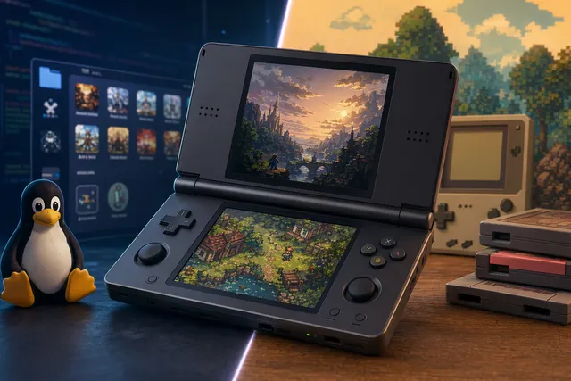 Anbernic RG DS dual-screen handheld running a Linux-style retro gaming interface