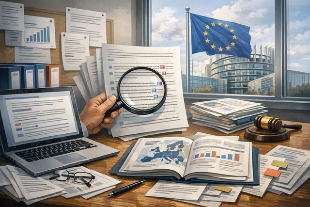 Conceptual image of a semiconductor chip with EU flag and global supply chain network overlay