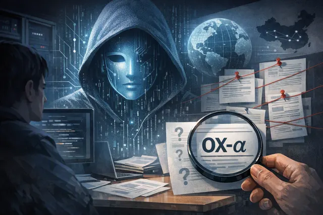 Abstract editorial illustration of the anonymous Ox Alpha AI model, with multimodal data streams and coding symbols surrounding a hidden model interface