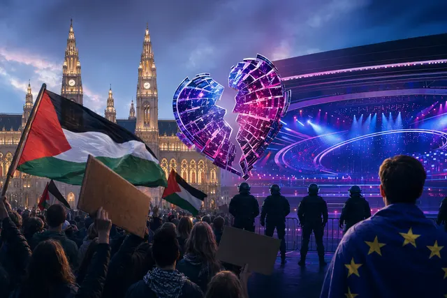 AI-generated editorial illustration of Eurovision 2026 in Vienna amid boycott controversy over Israel