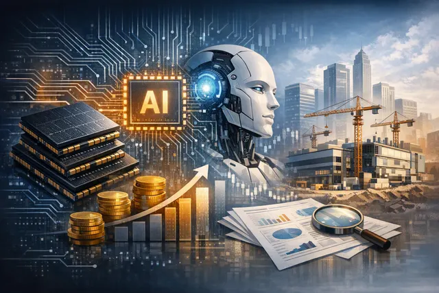 Editorial illustration of Micron memory chips and AI data-center infrastructure connected by glowing data paths