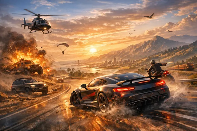 Stylized cinematic key art for the video game Clutch showing a high-speed police chase with a sports car drifting through a coastal city street at night, with palm trees and the Fr