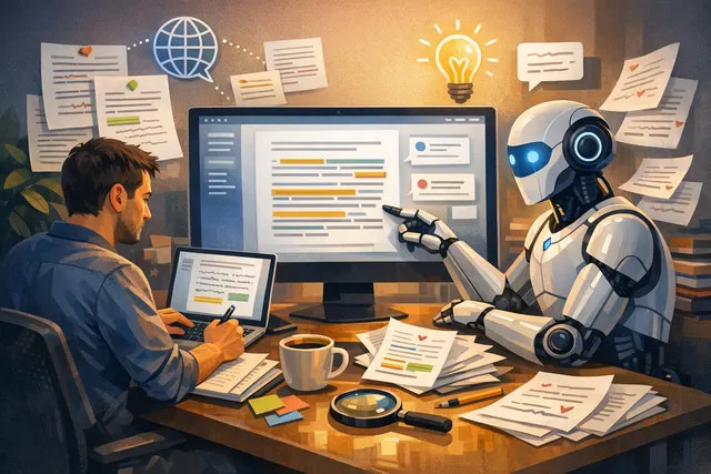 Illustration of writing with AI tools and avoiding robotic or generic AI-generated content