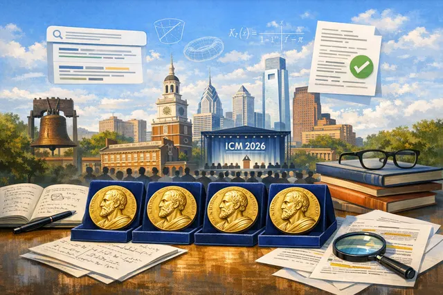 AI-generated illustration representing the 2026 Fields Medal winners: Hong Wang, Yu Deng, John Pardon, and Jacob Tsimerman