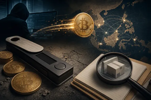 Editorial illustration representing a Bitcoin loss from a hardware wallet, with no depiction of a confirmed attack method