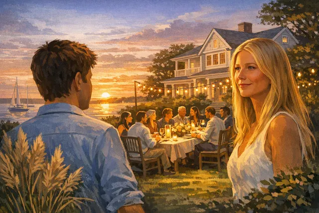 Editorial illustration of Gwyneth Paltrow and Sam Altman connected by a private Hamptons dinner and artificial intelligence