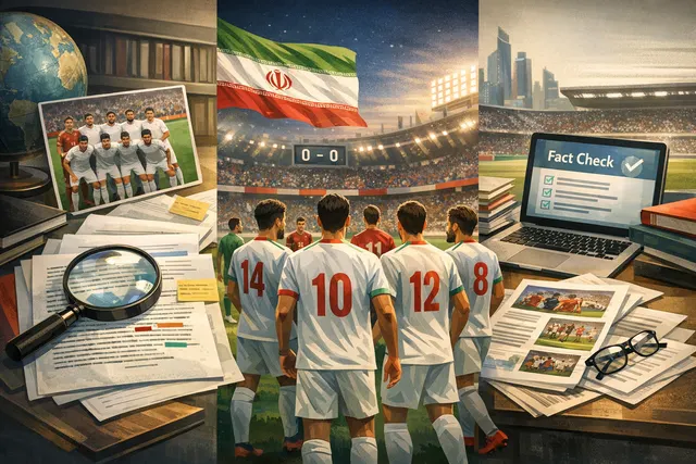 Iran national football team players in red and white jerseys standing on a football pitch under stadium lights, representing the 2026 World Cup campaign.