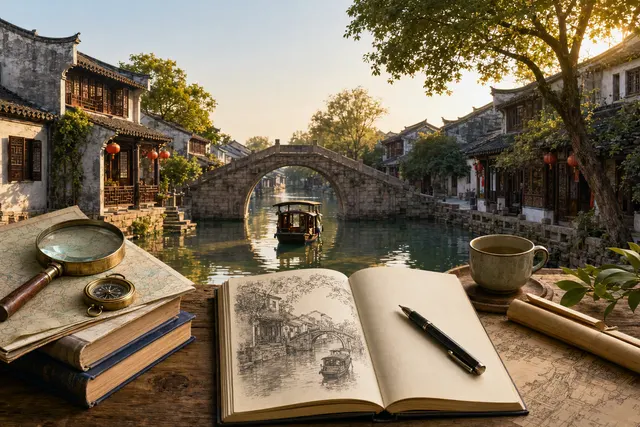 Illustration of a traditional Chinese water town