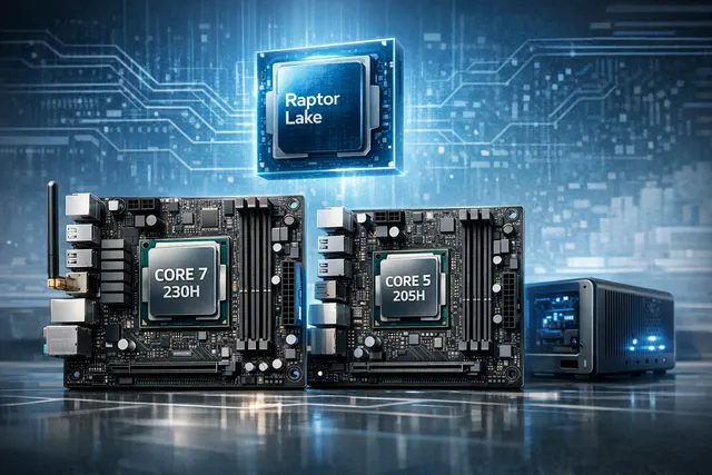 Maxsun MoDT motherboard with a soldered Intel Core 200H Raptor Lake processor on a compact desktop board, shown alongside a discrete graphics card and desktop components, illustrat