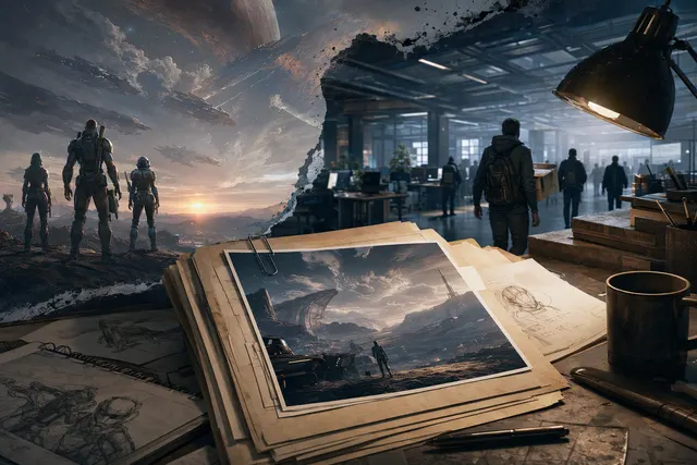 AI-generated conceptual artwork illustrating the cancellation of a science-fiction game after a studio closure