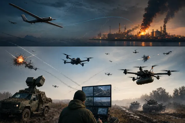 Illustration of large-scale drone warfare representing Ukraine’s layered drone strikes against Russian infrastructure and logistics