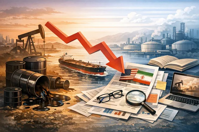 A stylized illustration of an oil tanker sailing through the Strait of Hormuz, with a glowing horizon and crude oil price charts in the background, symbolizing the reopening of the