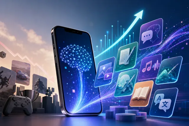 Illustration representing the rapid growth of generative AI mobile apps and subscription revenue