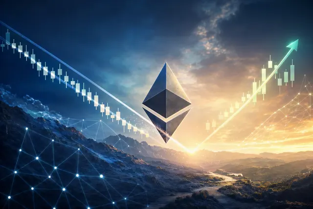Editorial illustration of Ethereum breaking above a descending trendline while approaching a resistance level