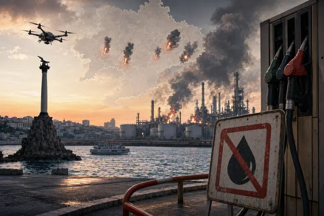 Illustration of fuel shortages and refinery disruption linked to drone strikes in Russia