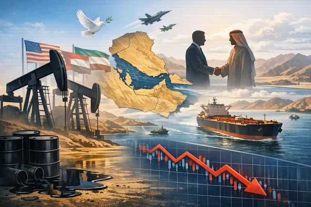 Editorial illustration of oil tankers near the Strait of Hormuz with Venezuela and U.S. energy infrastructure in the background