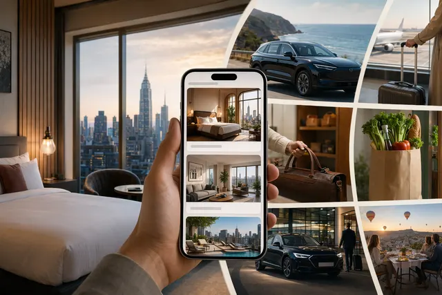 Illustration representing Airbnb expanding into hotels, travel services, and AI-powered trip planning
