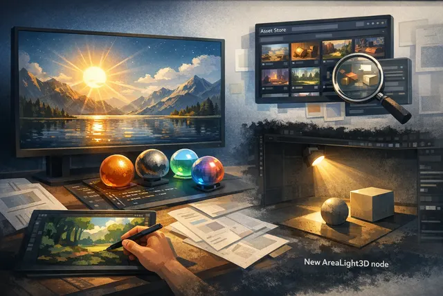 Godot 4.7 feature highlights including HDR output, AreaLight3D node, Asset Store, and XR platform support — AI-generated editorial hero image