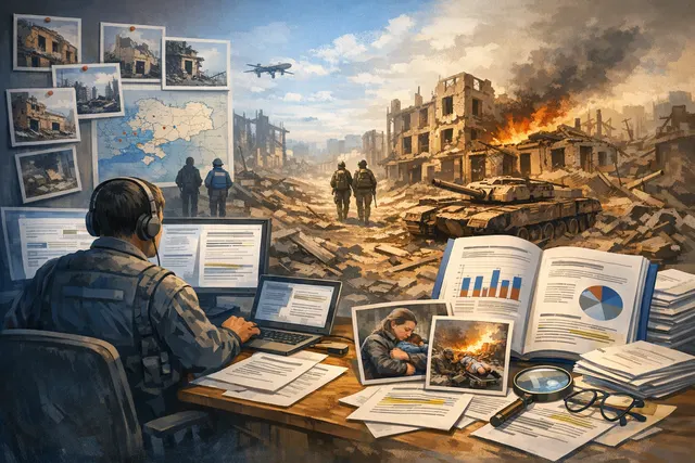 News illustration depicting a destroyed residential building and damaged energy infrastructure in Ukraine, representing civilian casualties and infrastructure attacks documented by