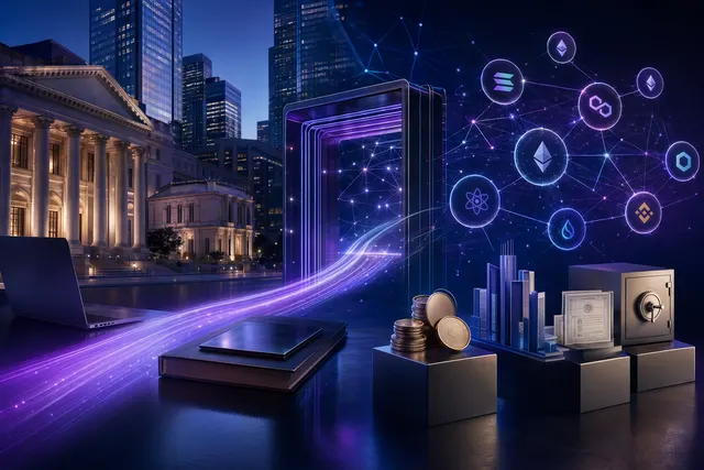 Conceptual illustration of institutional crypto trading infrastructure connecting banks to multiple blockchains through a unified API