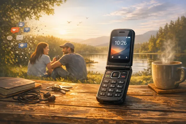 Commodore Callback 8020 retro flip phone in ProtoPET White, showcasing its digital detox design philosophy.