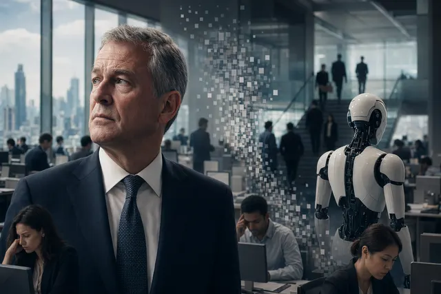 Illustration representing banking employees and AI automation replacing back‑office roles