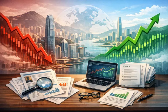 A stylized illustration of a Hang Seng Index candlestick chart overlaid with an Apple logo and a Qwen AI icon, representing the stock market divergence and the Apple-Alibaba AI par