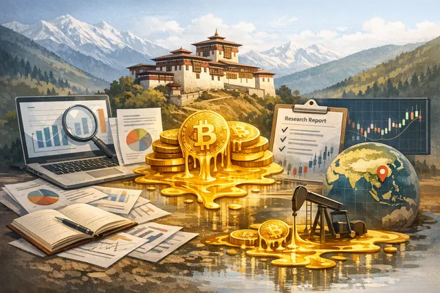 Bhutanese landscape with digital Bitcoin symbols representing sovereign cryptocurrency mining and liquidation
