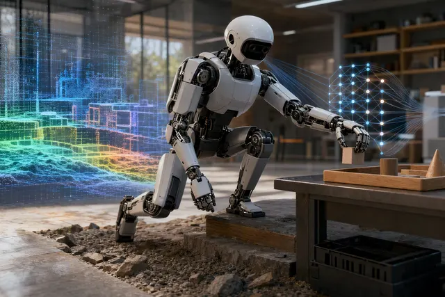 AI-generated editorial illustration accompanying an article about AgiBot AGILE 2.0 robot locomotion