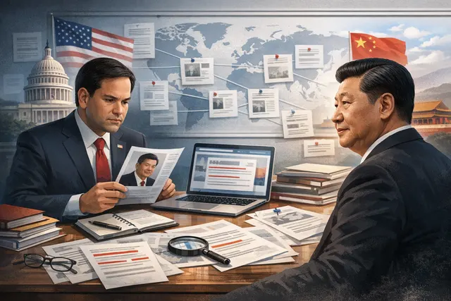 A stylized world map silhouette with US and Chinese flags connected by a curving dotted path, symbolizing Xi Jinping's planned diplomatic visit to the United States in September 20