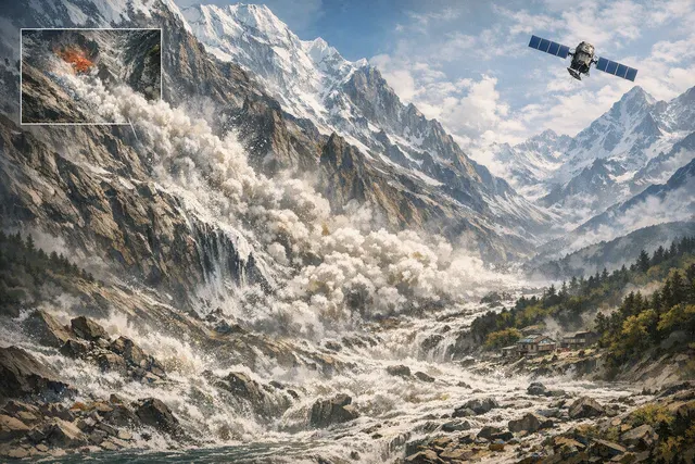 Illustration of a glacier and rock avalanche cascading into a flooded Himalayan valley near the Nepal–Tibet border