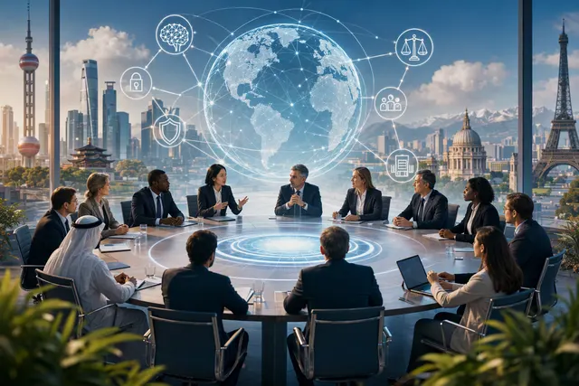 Editorial illustration representing global coordination and governance of artificial intelligence